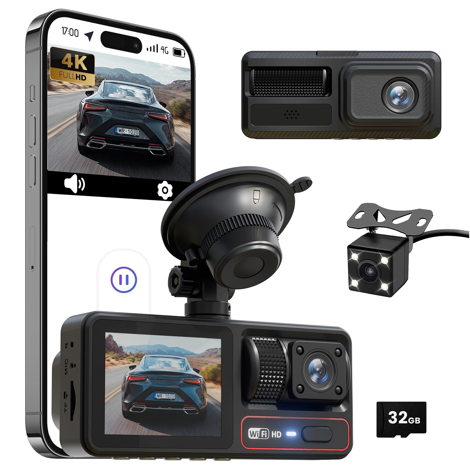 Photo 1 of 3 Channel Dash Camera for Cars,Triple Lens 4K+1080P+1080P Dash Cam Front Rear Inside,Built-in 5G WiFi & App, Night Vision,24H Parking Mode,Loop Recording,170° Wide Angle,32GB Card Included(Black)