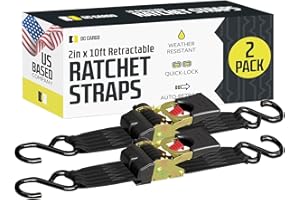 DC Cargo Mall Auto Retractable Ratchet Straps (2-Pack) 2” x 10ft, Super Heavy Duty, 3,033lb Break Strength – Tie Down Straps for Cargo, Truck, Trailer, Boats