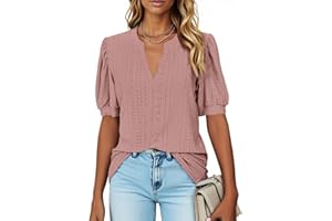 isermeo Womens Shirts Casual V Neck Tshirts Puff Short Sleeve Summer Tops Tunic Blouses S-XXL