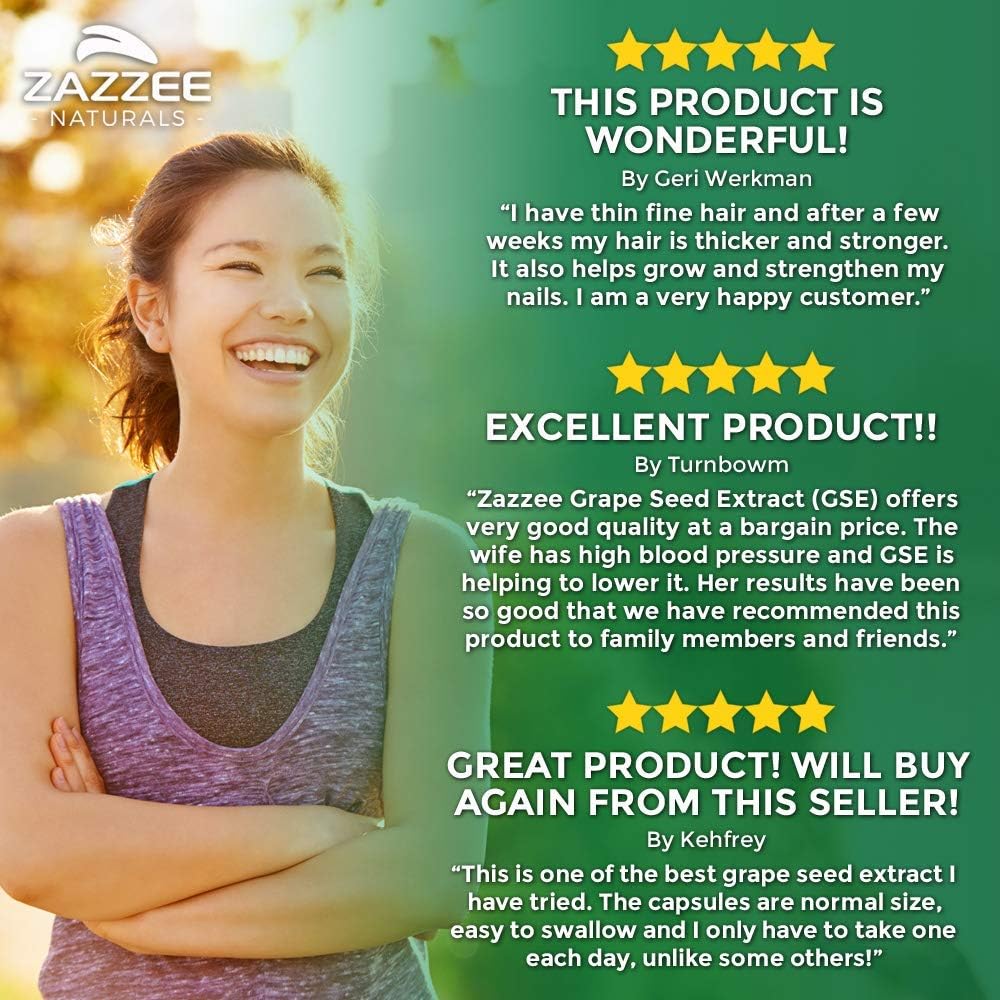 Zazzee Grape Seed Extract 20,000 mg Strength, 180 Vegan Capsules, 95% Polyphenols (Proanthocyanidins), Potent 50:1 Extract, 400 mg per Capsule, 6 Month Supply, Non-GMO and All-Natural: Health & Personal Care