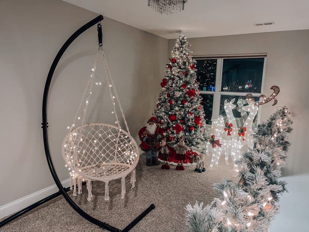 VIVOHOME Hanging Hammock Chair Macrame Swing with 39ft Long LED Light, Stand Not Included, Max 330 lbs Capacity, Cotton Hand-Woven Hammock Swing Chair for Indoor, Outdoor, Bedroom, Balcony - Beige