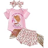 Madjtlqy Western Baby Girl Summer Clothes My 1st Rodeo Short Sleeve Romper Shorts Headband Set Cute Infant Cowgirl Outfits