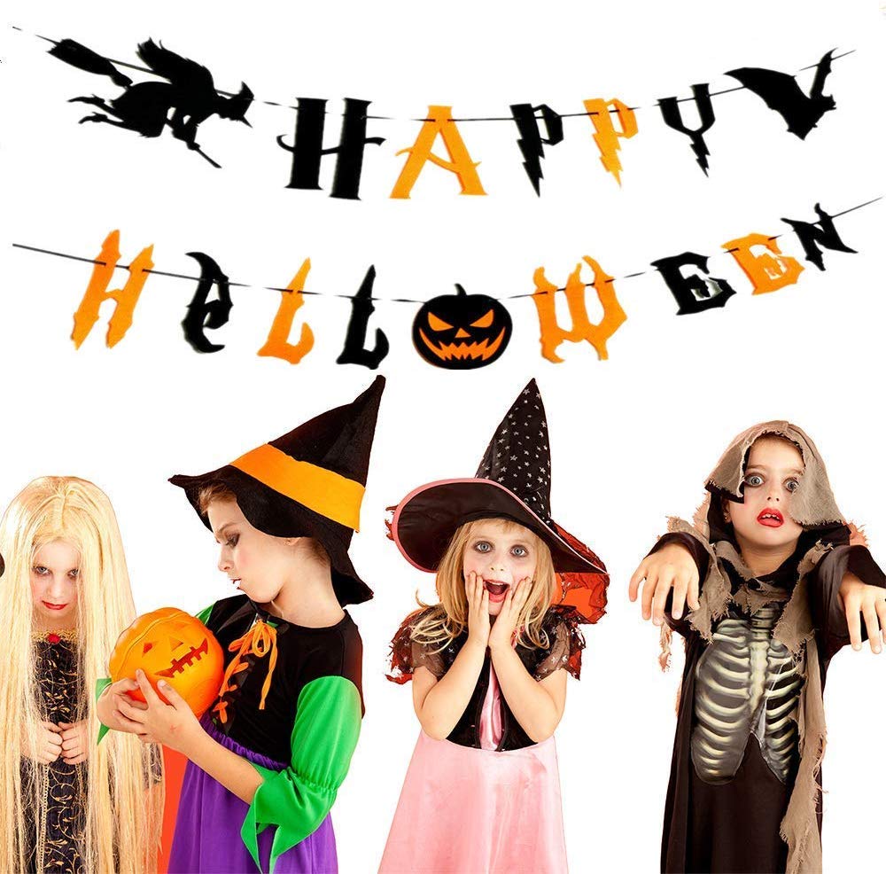Charlemain Happy Halloween Banner zuammen mit Buchstaben, Fliegenden Hexe, gruseligen Fledermaus, Dekortations für Halloweenparty, Halloween Deko(3Meter)
