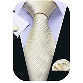 Barry.Wang Tie Sets for Men Silk Stripe Necktie Woven Checkered Handkerchief Cufflinks Formal Business Wedding