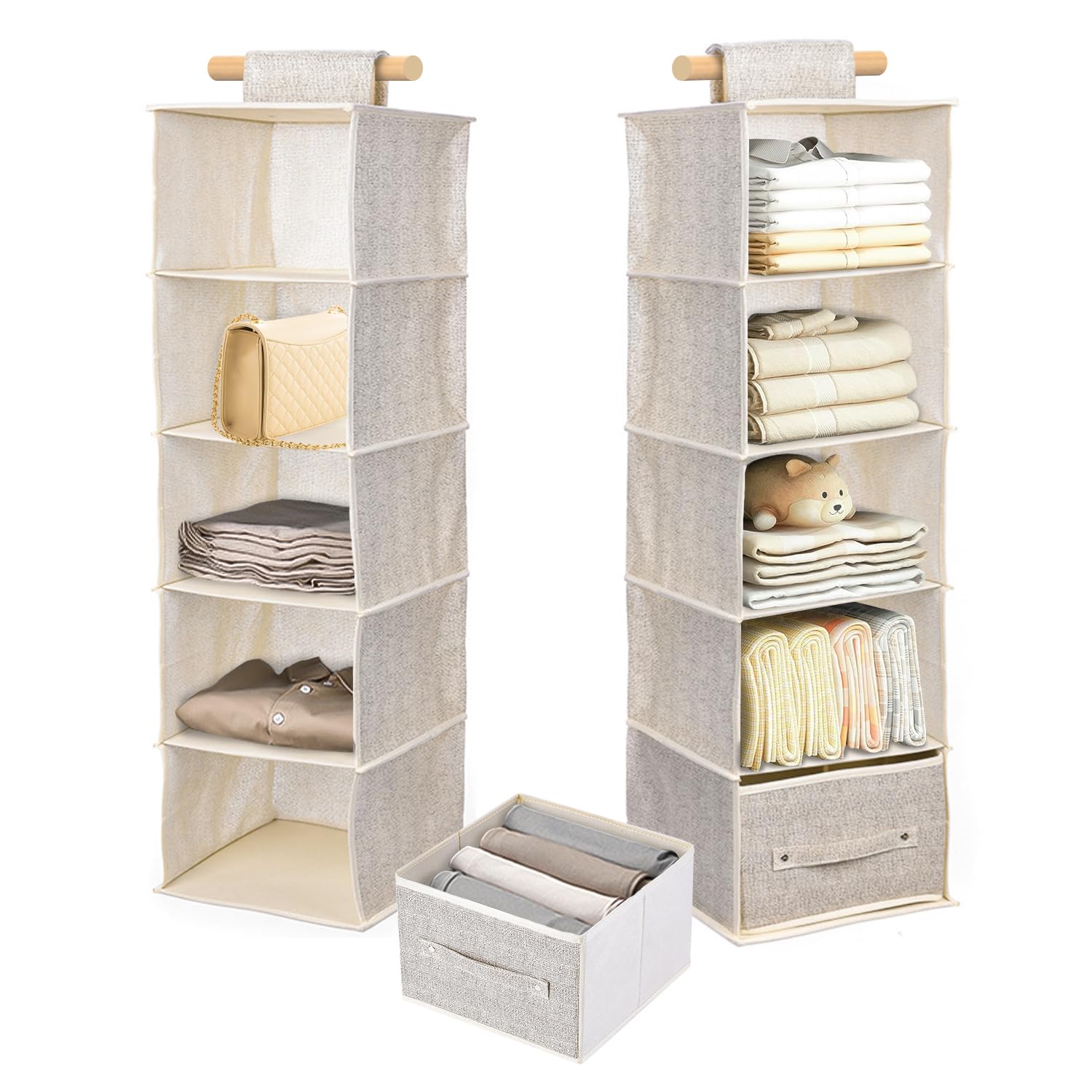 Chostky 2PCS Hanging Storage Organiser with 2 Removable Drawers, 5 Shelves Hanging Wardrobe Clothes Organiser Closet Storage Unit for Bedroom