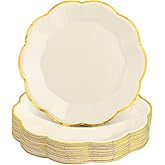 NatNarr 30 Pcs Cream Paper Plates, 9 Inch Ivory Paper Plates with Gold Trim Scalloped White and Gold New Years Plate for New Year, Baby Shower, Wedding