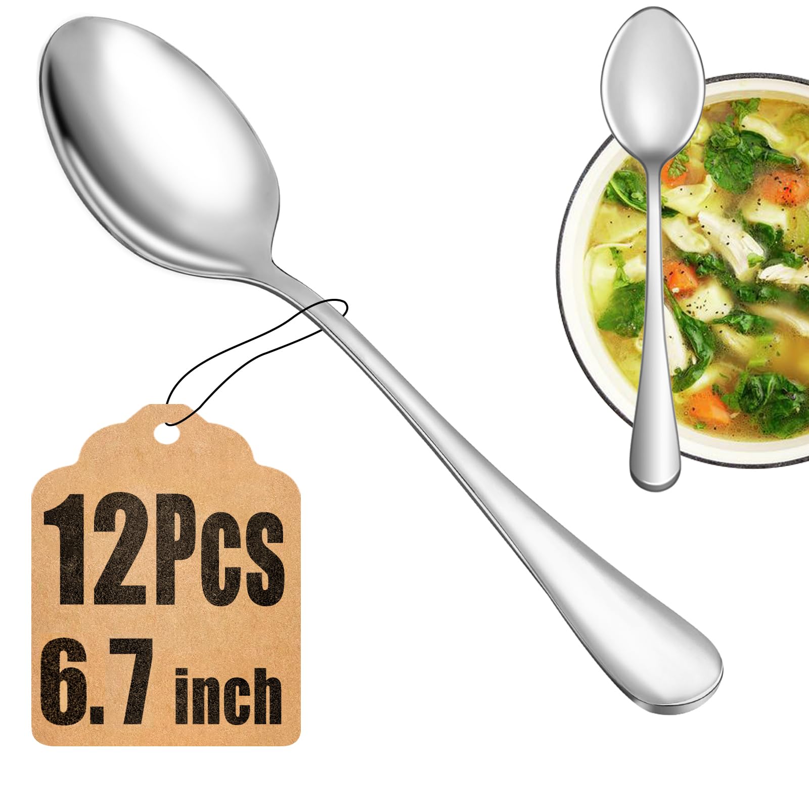 Photo 1 of 12 Piece Teaspoons Set,Food Grade 18/10 Stainless Steel Tea Spoons,Durable Small Spoons,Metal Dessert Spoon,Spoons Silverware for Home,Kitchen or Restaurant,Mirror Polished & Dishwasher Safe,6.7-Inch