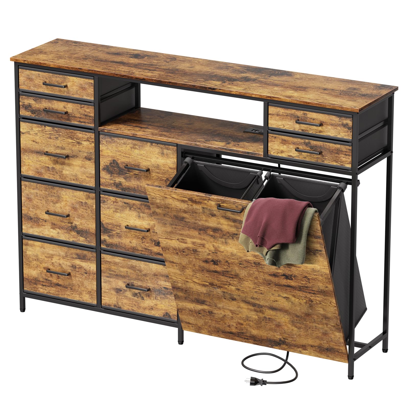 Photo 1 of .........No manual included... screws missing//////////Lyromix 51" Rustic Laundry Sorter with Storage and Drawers, Divided Laundry Hamper Organizer with Shelf and Lid, Basket Organizer 2 Section with Outlet and Removable Bag for Bedroom