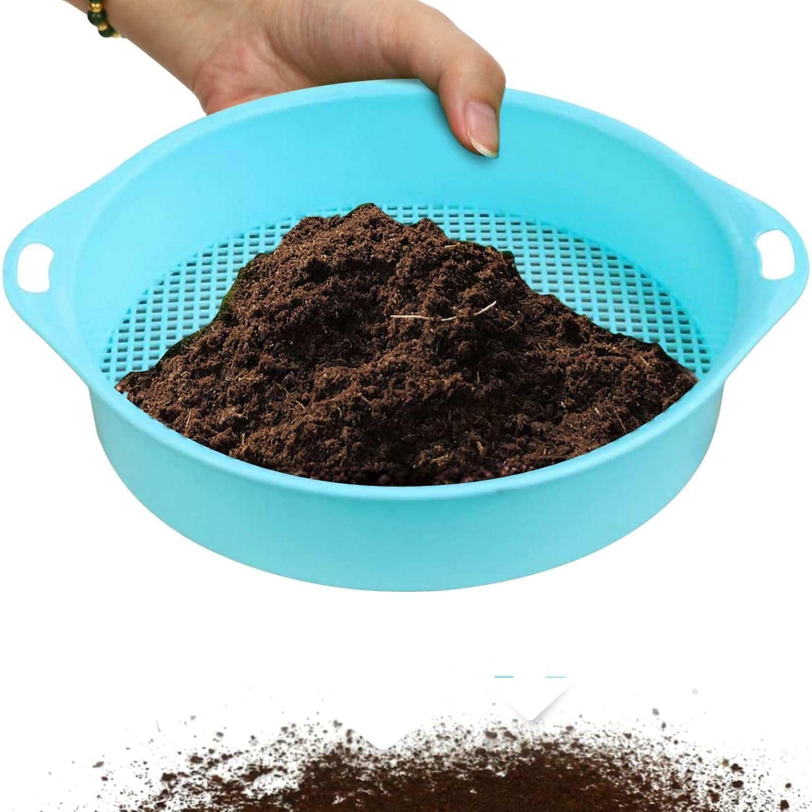 Round Garden Sieve, Riddle Soil Sift Compost Seed Gardening Tray 3mm Tetragonum Hole Portable Soil Sifter Screen Filtering Earth and Stone Tools(Blue)