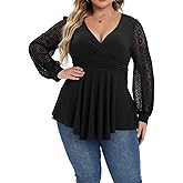 Gocolloa Plus Size Tops for Women Lace Long Sleeve Fall Shirts Casual Dressy Wrap V Neck Pleated Tunic Top
