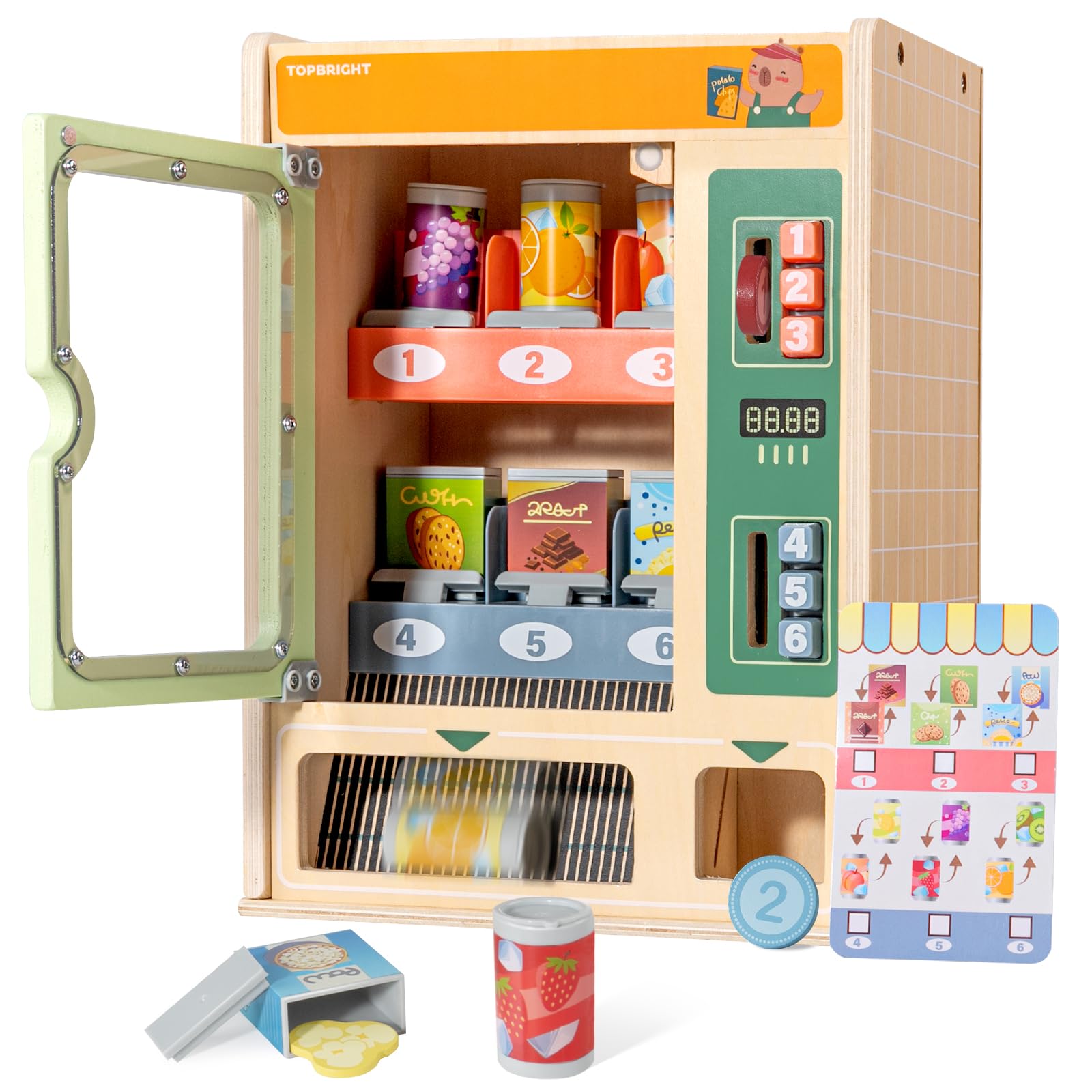 Top Bright Wooden Vending Machine Playset for Toddlers 3+, Pretend Play Toy Food for Kids Kitchen Set with Snacks, Drink Cans & Play Coins