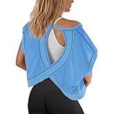 Panadila Womens Open Back Workout Top Oversized Workout T Shirts Backless Athletic Shirt Short Sleeve Baby Tee