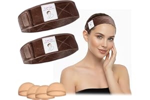 HappClan 2 Pack Velvet Wig Grip Band with 4 Caps, Adjustable No Slip Headband for Keeping Hairpieces in Place, Soft Breathable Hook and Loop Strap for Beginners & Daily Use, Medium Brown