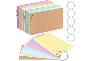 300 Sheet Colored Index Cards, A7 Notecards Lined with Kraft Paper, Flashcards with 6 Metal Binder Rings, Study Cards for Off