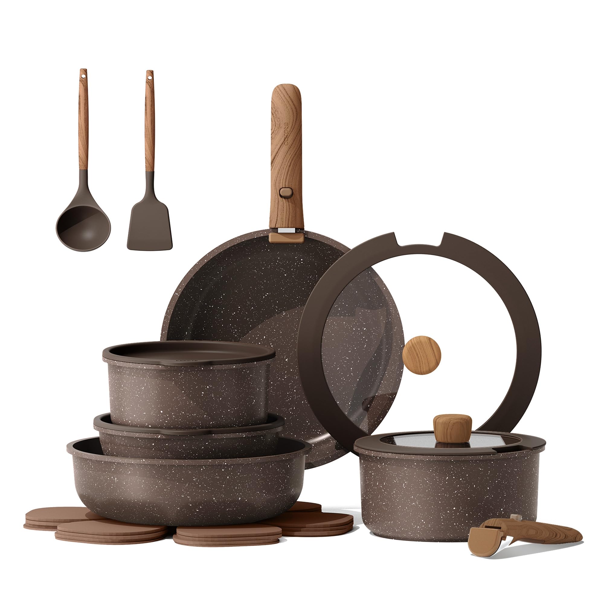 Photo 1 of ***MISSING ONE OF THE HANDLES*** CAROTE Pots and Pans Set Non Stick with Detachable Handle, Nonstick Cookware Sets, Cooking Kitchen Set, Oven/Dishwasher Safe, Induction Cookware, Brown, RV Kitchen Pot and Pan