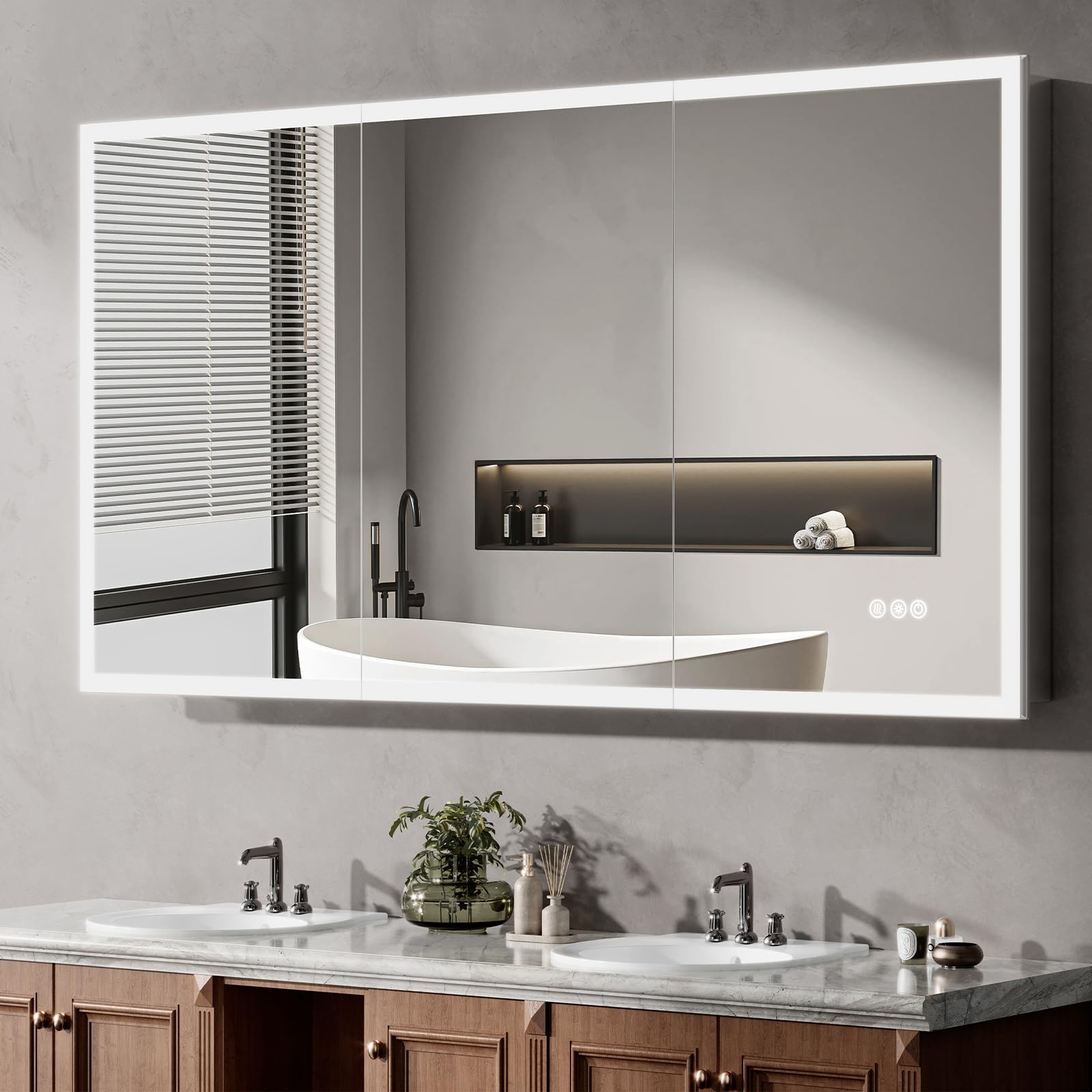 Photo 1 of (back of mirror damaged) **TRUCK/TRAILERPICK UP ONLY)

SHYWENHSIU 60"x32" Medicine Cabinet Mirror, LED Lighted Medicine Cabinet with Electrical Outlet?USB, Anti-Fog, 3 Colors Temperature Stepless Dimmable, Aluminum Cabinet for Storage and Mordern Decor