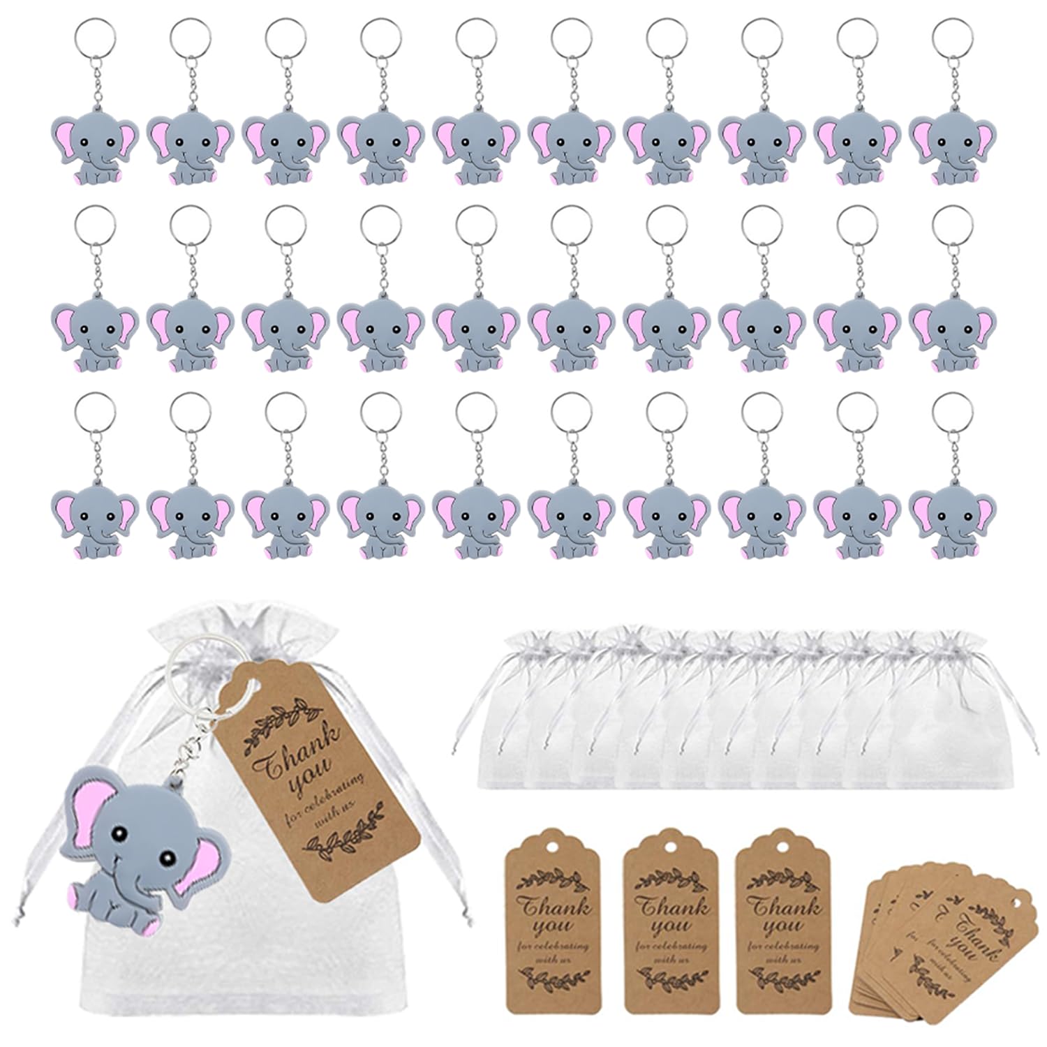 RHQFDM 30 Pieces Pink Elephant Keychain,Cute Elephant Kids Keychain,Children's Christening Elephant Keyring,With Organza Bag And Kraft Paper Thank You Tag,Favours for Baby Shower Parties