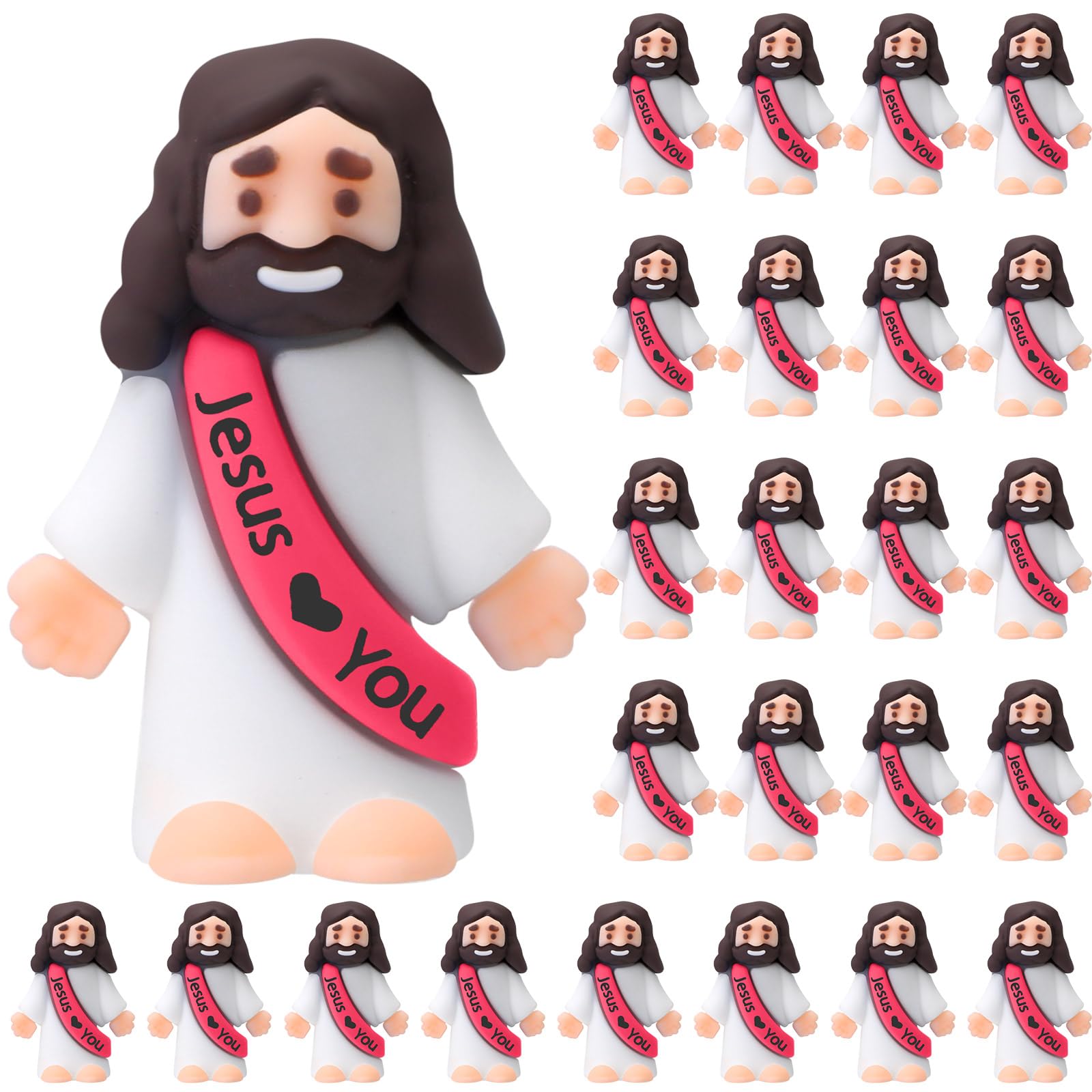 Photo 1 of Bememo 25 Pcs Little Jesus Figures Original Design Jesus Love You Mini Rubber Toys to Hide and Seek Christmas Religious Party Favors Sunday School Baptism Gifts(Rose Red)