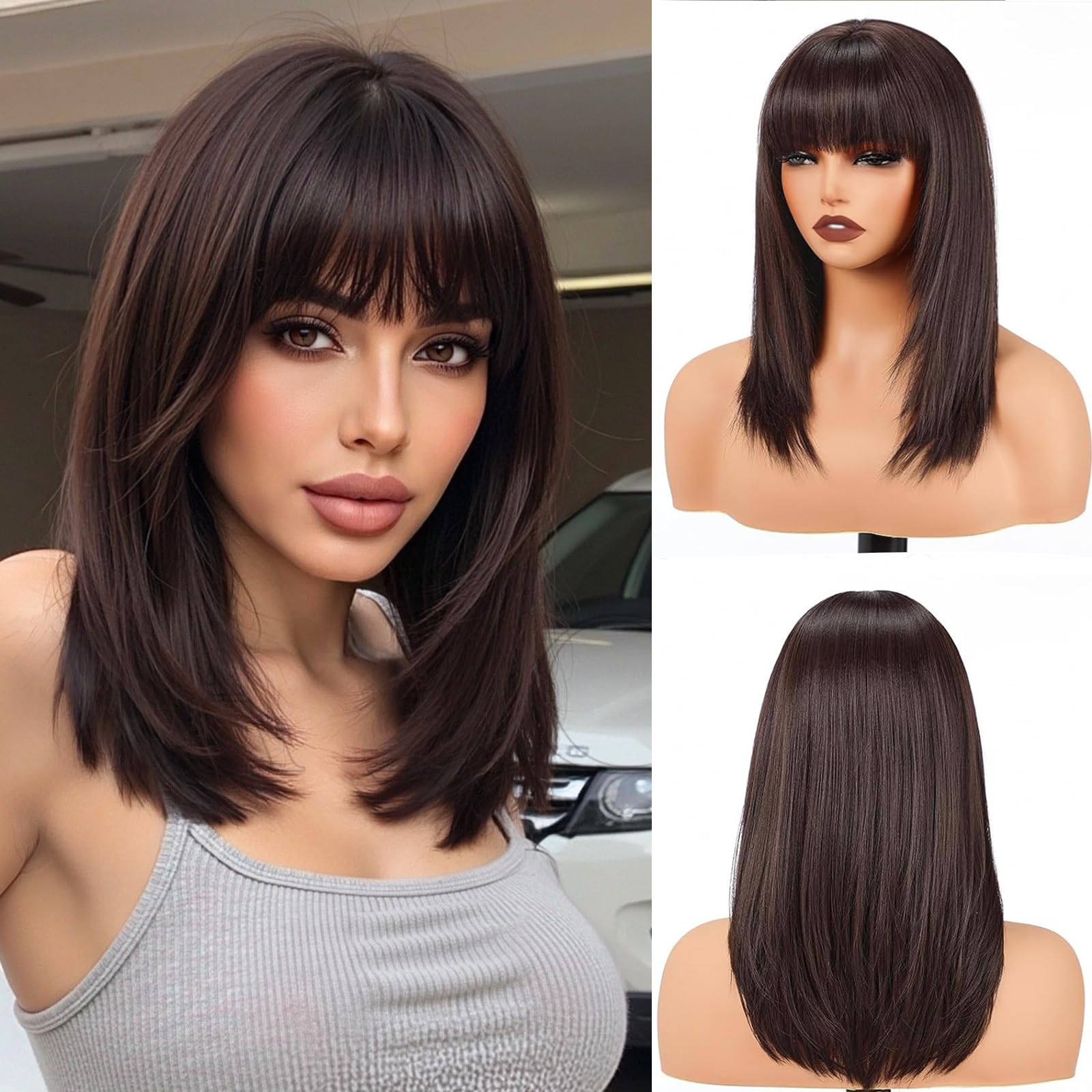 PORSMEER Medium Long Hair Wigs for Women Ladies Brown Bob Wigs with Fringe Natural Straight Synthetic Hair Wig 16 Inches,Everyday or Halloween Fancy dress Wig — image 1