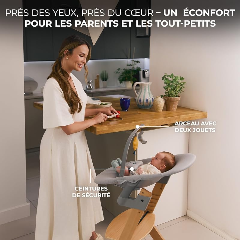 Kinderkraft ENOCK Chaise Haute Bébé + Transat CALMEE, en Bois Naturel, Chaise d'alimentation, Évolutive, Réglable, Puericulture Bébé, Très Solide, Design Universe
