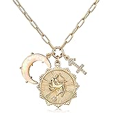 MISS RIGHT Gold Zodiac Sign Coin Necklace with Opal Crescent Moon Charm for Women Trendy, Dainty Gold Paperclip Chain 12 Constellation Horoscope Necklaces Astrology Jewelry Gifts