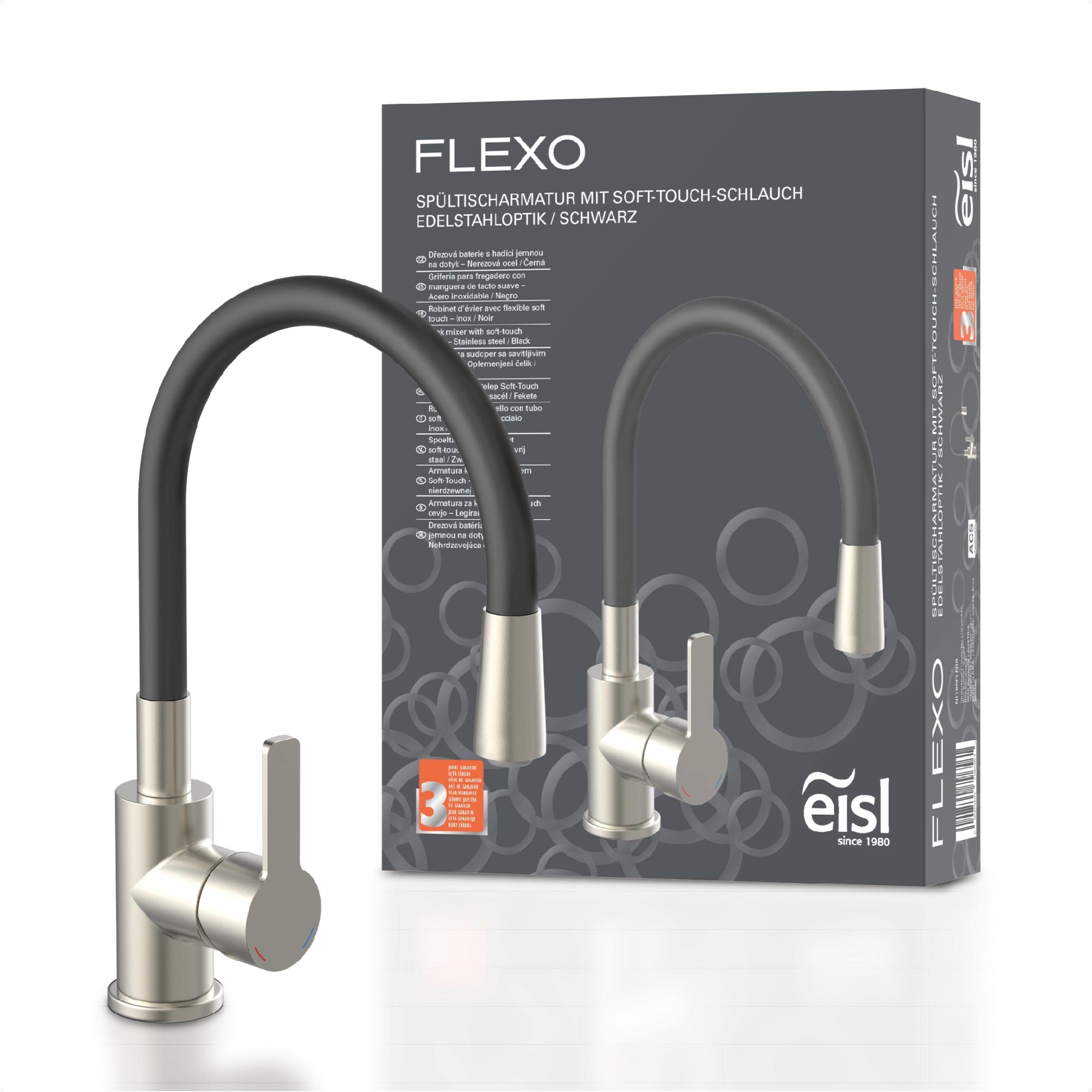 EISL Flexo Stainless Steel/Black Flexible Kitchen Sink Tap, Flexible Tap for Kitchen, High Spout with Soft Touch Hose, 360 Degree Swivel, Kitchen Flexible Tap, NI186FLNIB