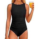 CRISONE Girls Swimsuit High Neck Girls Bathing Suit Cross Back Ruched Gradien One Piece Girl Swimwear 9-16Y