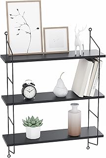 Wandregal Bücherregal Schweberegale Dekorative Dekoregal Hängeregal Küchenregal an der Wand Montiert Eisen Holzmaterial Display-Verschiedenes-Regal Lagerregal, 3 Fächer, Schwarz