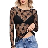 ZogoBrolga Womens Mesh Tops Lace Long Sleeve Shirts Crew Neck Sexy Fitted See Through Patry Blouse