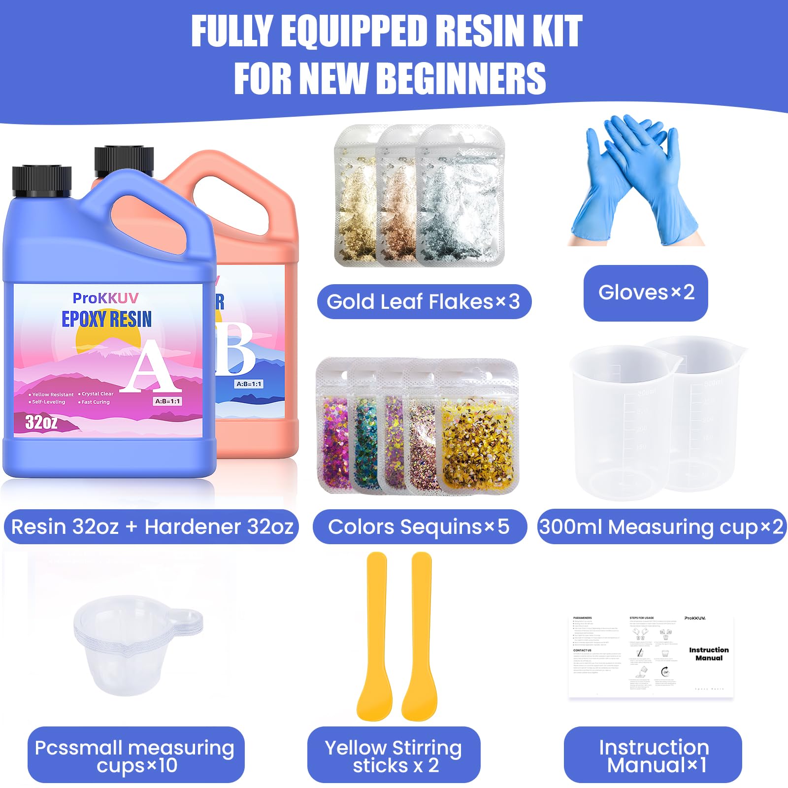Epoxy Resin Kit, 64OZ Kit Crystal Clear Resin Epoxy, Bubble Free, No Yellowing, UV Resistant, Food Safe with Foil Flakes, Sequin, Easy Mix 1:1 for DIY Crafts Jewelry Making(32OZ x 2)