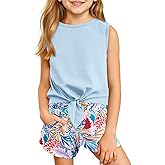 Haloumoning Girl's 2 Piece Outfits Kids Tie Knot Tank Top and Paperbag Waist Pocketed Summer Short Sets 5-14 Years