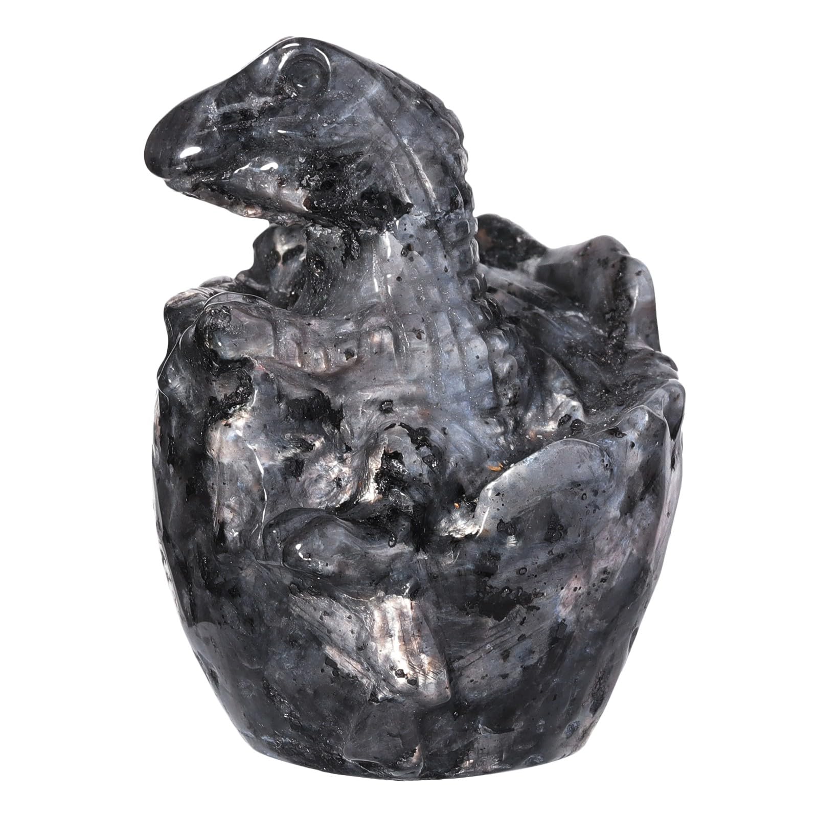 KYEYGWO Crystal Dinosaur Egg Hatchling Figurine, Hand-Carved Pocket Animal Stone Statue Baby Dragon Sculpture for Home Office Decor, Black Labradorite
