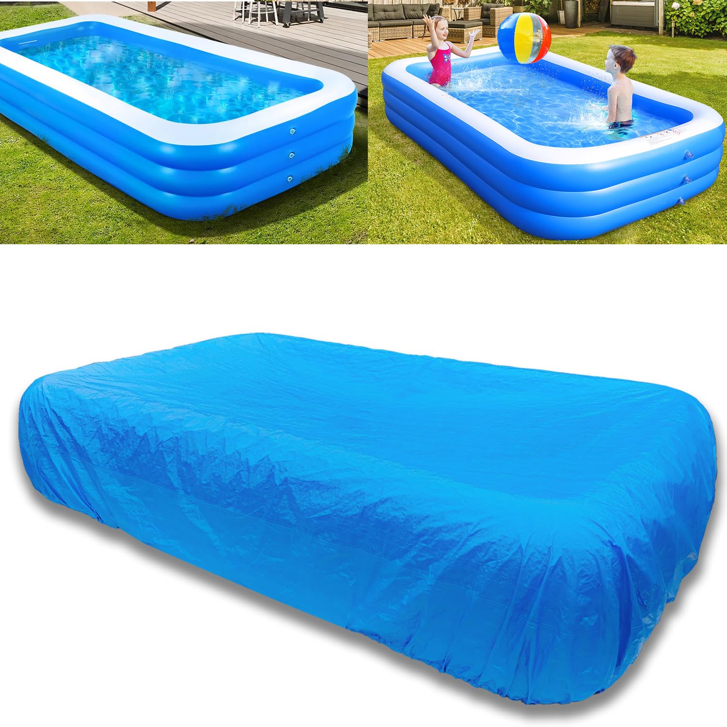 Photo 1 of 11 x 7 ft Rectangular Inflatable Pool Cover PE 10ft Large infaltable 130 x 72 in Rectangle Pool Cover Fits 130"x72"x22" Blow Up Pool Built-in Elastic Band Extra Buckle Pools Protecto Above Ground