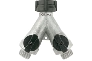 Gilmour Heavy Duty 2 Way Garden Hose Splitter, Dual Water Hose Splitter with Shut Off Valve, Metal Water Manifold