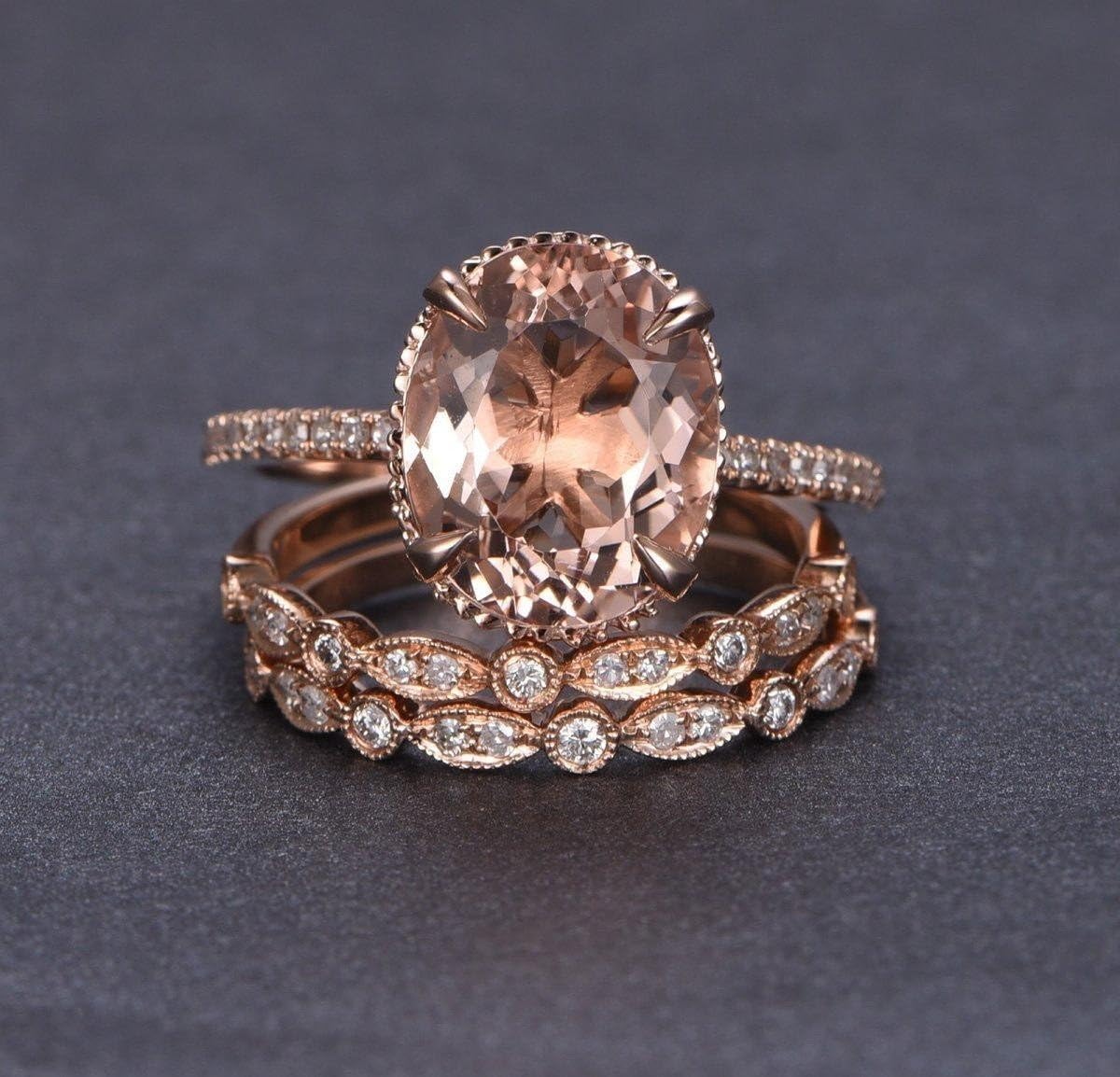 JeenJewels Limited Time Sale 2 Carat Morganite and Diamond Trio Ring Set in 10k Rose Gold with One Engagement Ring and 2 Wedding Bands