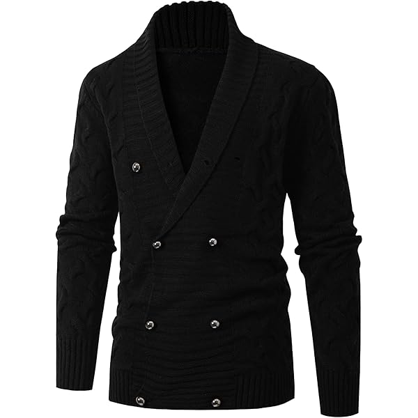 SWJGLITTR Men Suit Collar Double Breasted Cardigan Cable Knit
