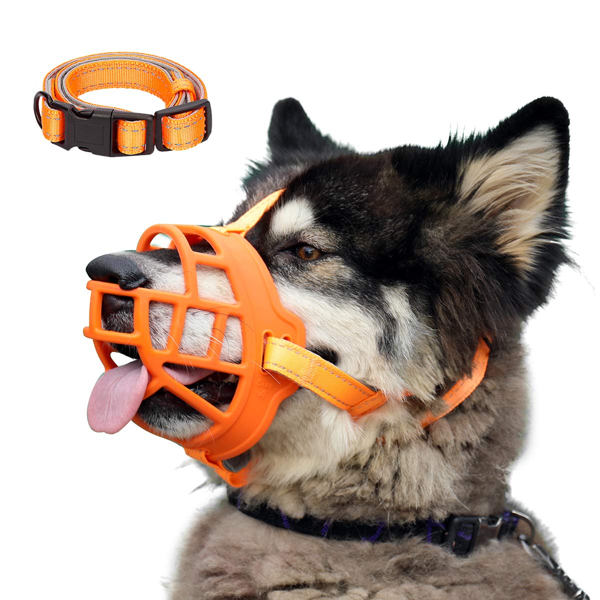 BARKLESS Dog Muzzle, Soft Silicone Basket Muzzle for Dogs, Allows Panting and Drinking, Prevents Unwanted Barking Biting and Chewing, Included Collar and Training Guide