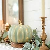Green Pumpkins Fall Decor 6.5" &times; 5.2" Fall Home Decor Faux Foam Pumpkin | Plastic Sage Green Pumpkin, Vintage Fall Centerpiece Table Decor, Autumn Harvest Thanksgiving Party, Gold Green Kitchen Decor