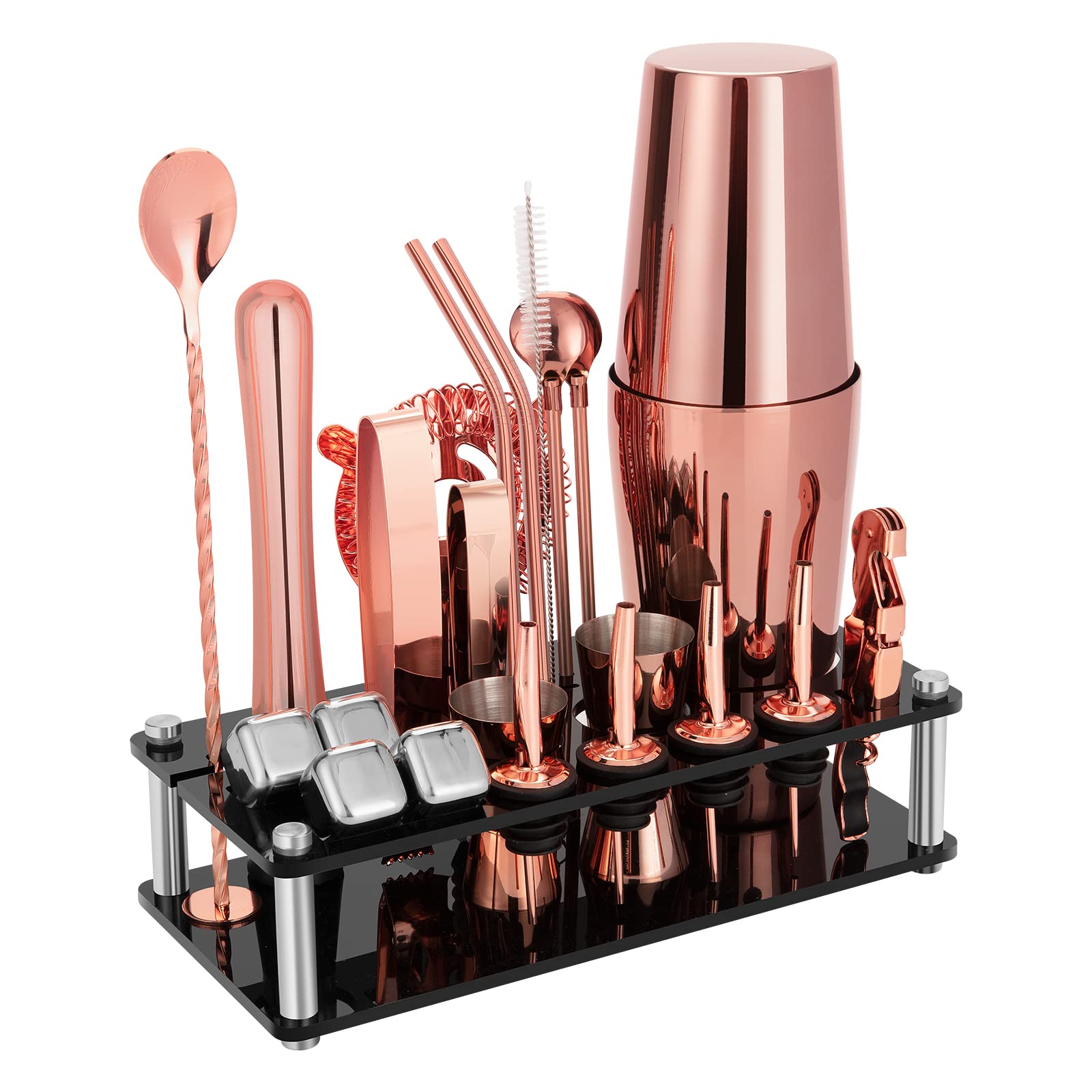 KinGrow Cocktail Shaker Set, 23-Piece Boston Stainless Steel Bartender Kit with Acrylic Stand & Cocktail Recipes Booklet, Professional Bar Tools for Drink Mixing, Home, Bar, Party - Gold Rose
