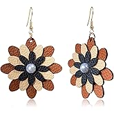 KaFu Leather Flower Floral Dangle Earrings for Women Handmade Retro Boho Multi-layer Brown Flower Earrings Jewelry