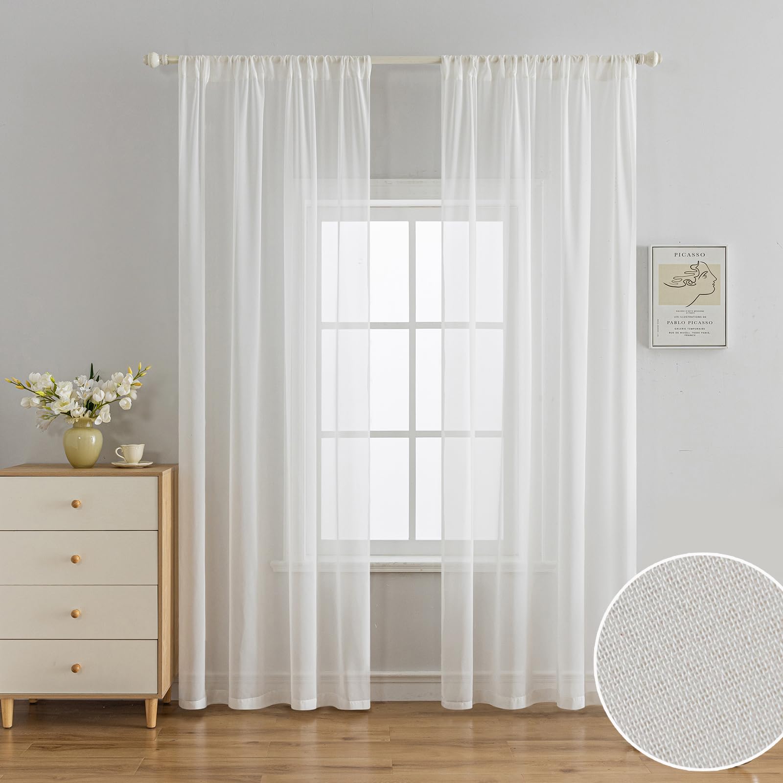 Photo 1 of LUGOTAL Off White Sheer Curtains 84 Inches Length 2 Panels Set, Light Filtering Rod Pocket Voile Window Curtains for Kitchen Bedroom Children Living Room Yard, W52 x L84