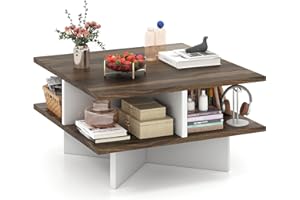 LDAILY Farmhouse Coffee Table, 24 Inch Wooden Tea Tables & X-Shape Base, 4 Open Compartments, 2 Tier Square Coffee Table with