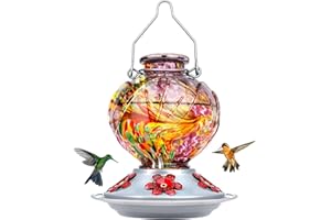 BOLITE Hummingbird Feeder, Hand Blown Glass Hummingbird Feeders for Outdoors Hanging, 22 Ounce, Five Feeding Ports with Perch, Peony Flower Shape, Purple