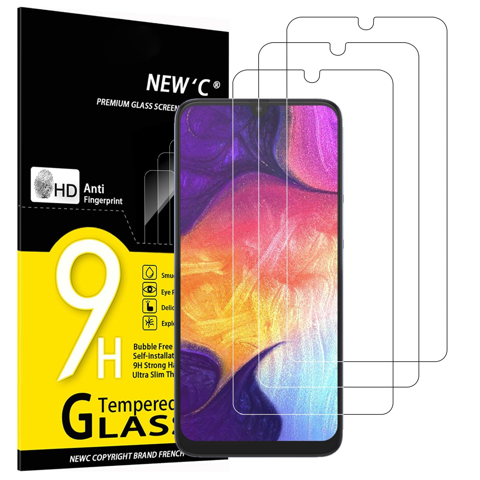NEW'C 3 Pack Designed for Samsung Galaxy A50 (SM-A505F) Screen Protector Tempered Glass, Case Friendly Anti Scratch Bubble Free Ultra Resistant