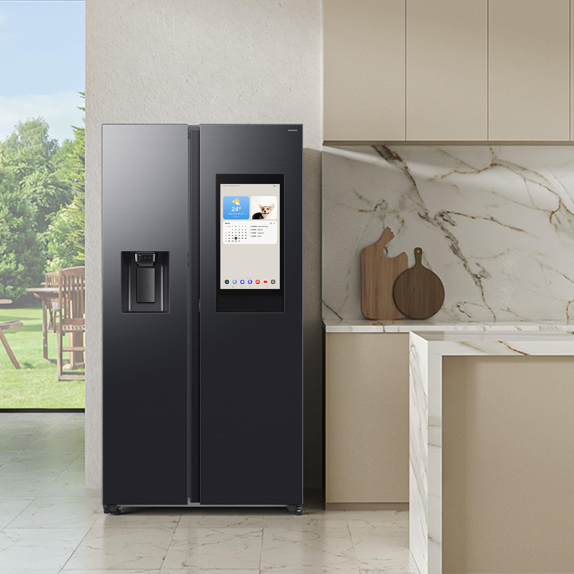 Samsung RS90F66BEFEF Side-by-Side Kühl-Gefrierkombination, AI Kühlschrank mit Gefrierfach, 178 cm, 614 l, Eis-/Wasserspender mit Wasseranschluss, Family Hub, AI Energy & Voice Control, Black Steel 3