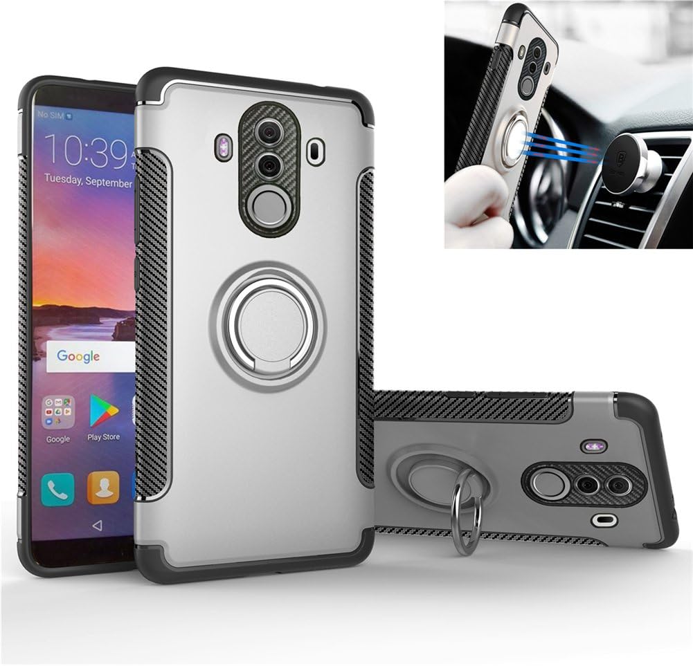 Vedory Huawei Mate 10 Pro case 3 in 1 Dual Shock Absorption Silicone Protection Cover Ring Kickstand Magnetic Car Mount case for Huawei Mate 10 Pro (Silver)