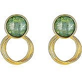coadipress Green Round Stud Earrings for Women Fashion Gold Plated 925 Sterling Silver Dipped Circle Dangle Drop Geometric Brushed Statement Earrings