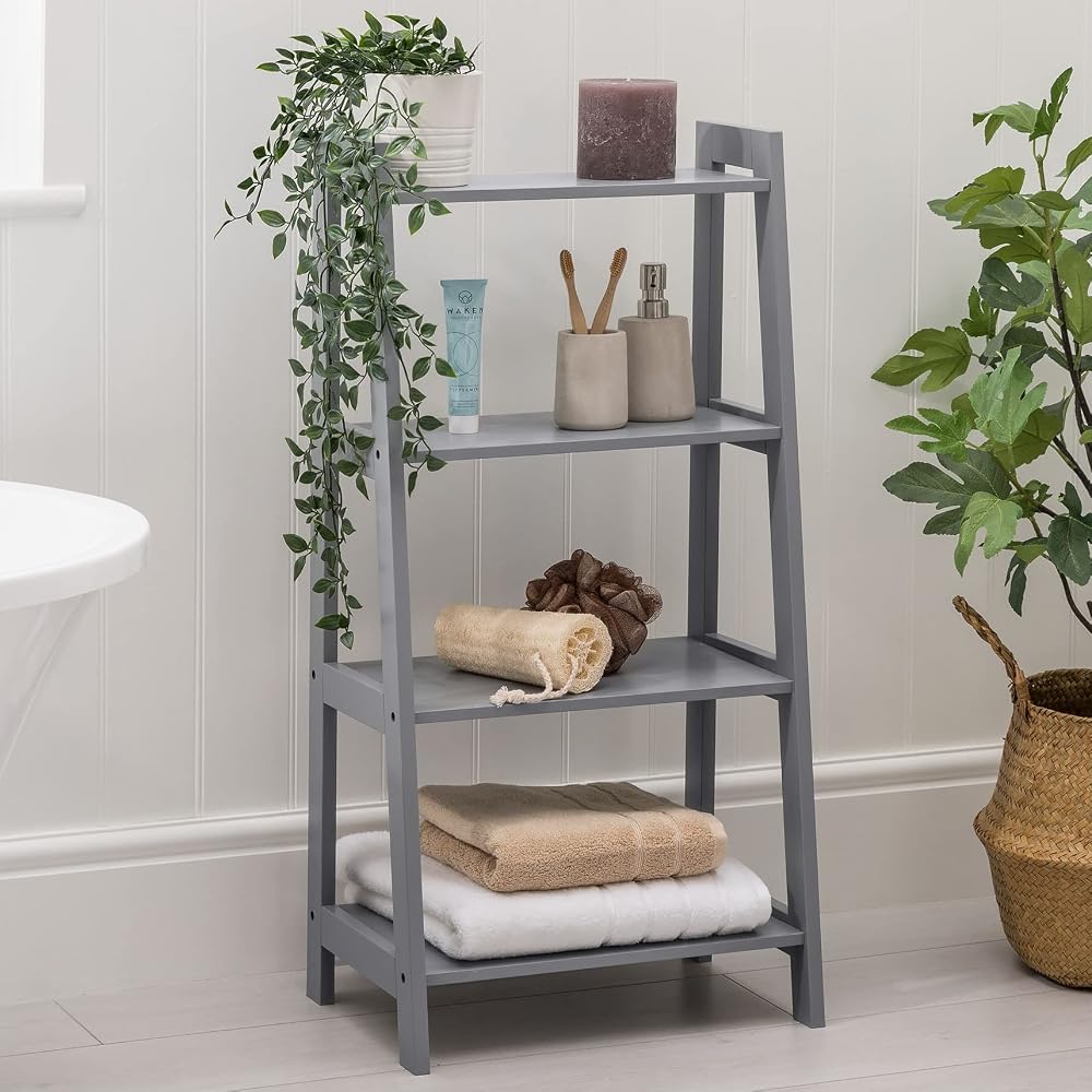 Christow Grey Ladder Shelf Unit 4 Tier Bathroom Storage Display Stand