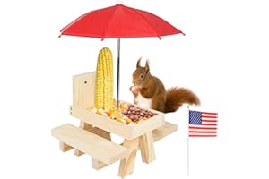 Squirrel Feeder Picnic Table with Umbrella and Flag, Corn Cob Holder & Peanuts Seeds Loader, Gift for Squirrel and Chipmunk Lovers, Garden Ornaments by Aliyoham, Wood
