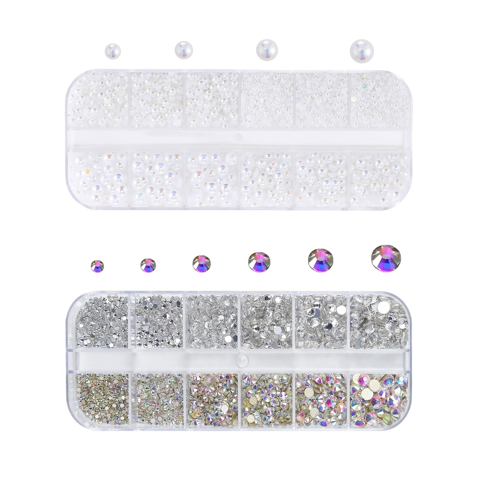 Rhinestones & Pearls Nail Art Decoration - 2 Boxes, 48pc 3D & Flat Back Crystal Nails, AB, White, DIY Crafts — image 1